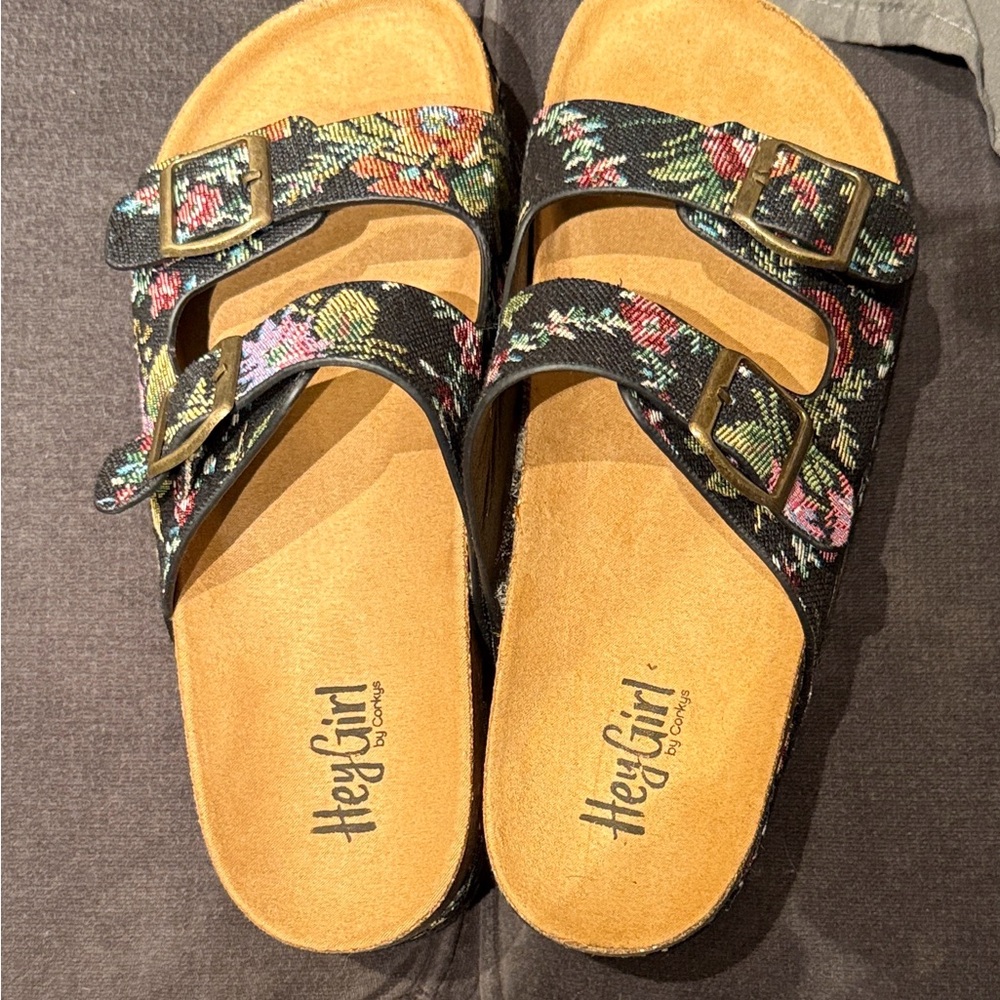 Women's Floral Buckle Sandals - Black and Multicolor
